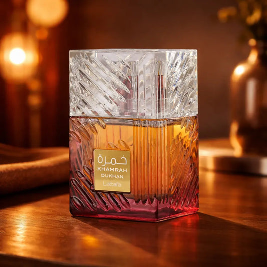 Lattafa Khamrah Dukhan 100ml bottle with dark smoky aesthetic packaging
