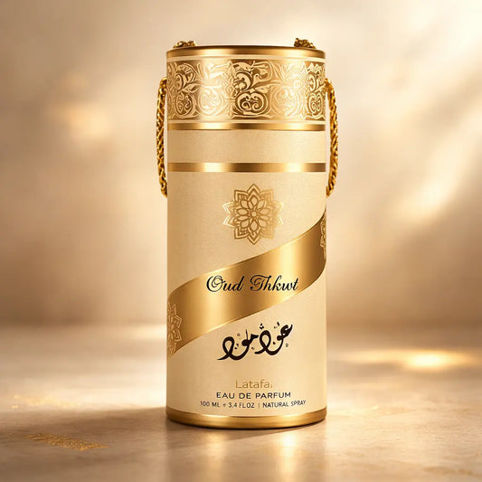 Close up Lattafa Oud Mood perfume spray amber vanilla notes