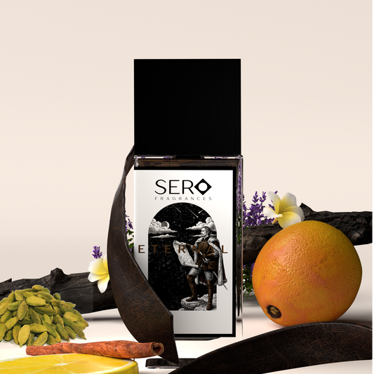 Front view of a minimalist clear glass perfume bottle with black wood cap containing SERO fragrance inspired by Penhaligon's Halfeti Leather.