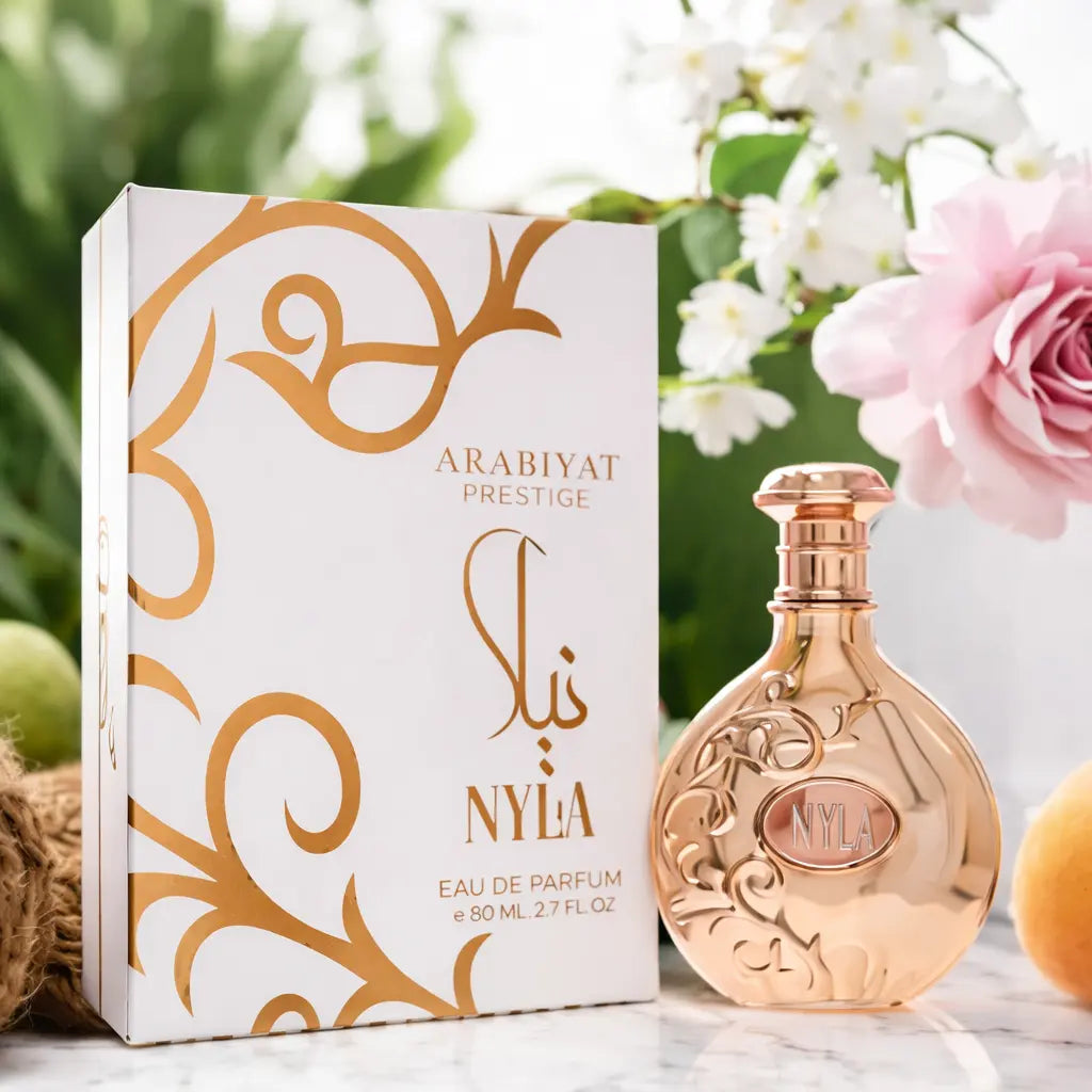 Elegant_perfume_display_with_floral_accents - Mehk Arabian Luxury