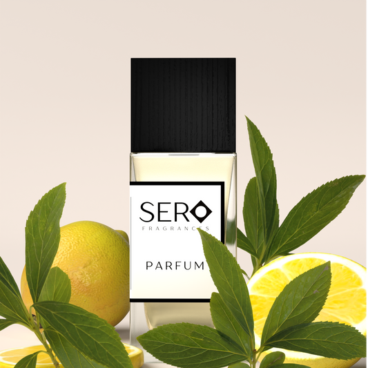 Sero Fragrances parfum bottle with lemons and green leaves on a light background