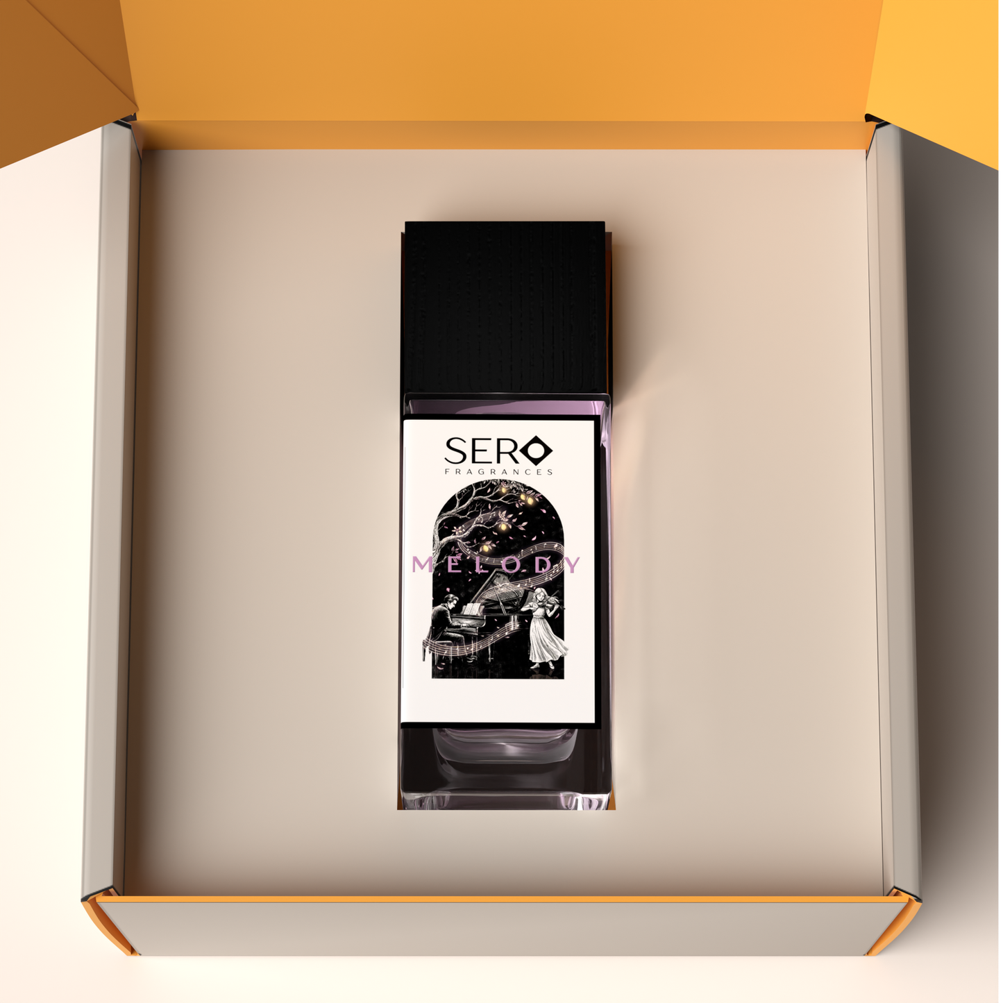 Top view of a packaging within it a minimalist clear glass perfume bottle with black wood cap containing SERO fragrance inspired by LV Symphonie. 