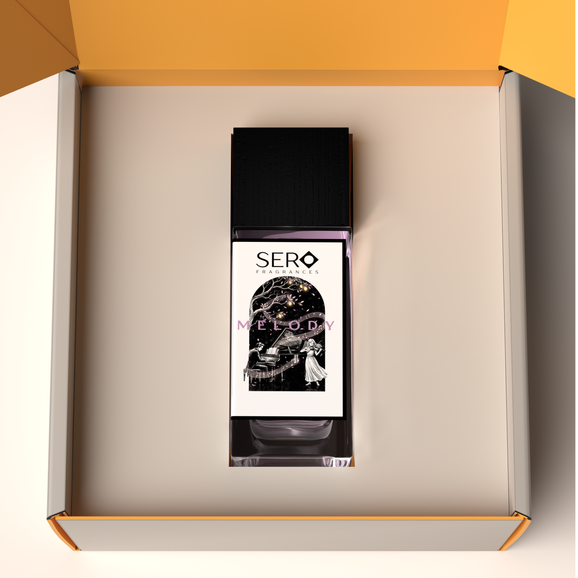 Top view of a packaging within it a minimalist clear glass perfume bottle with black wood cap containing SERO fragrance inspired by LV Symphonie. 