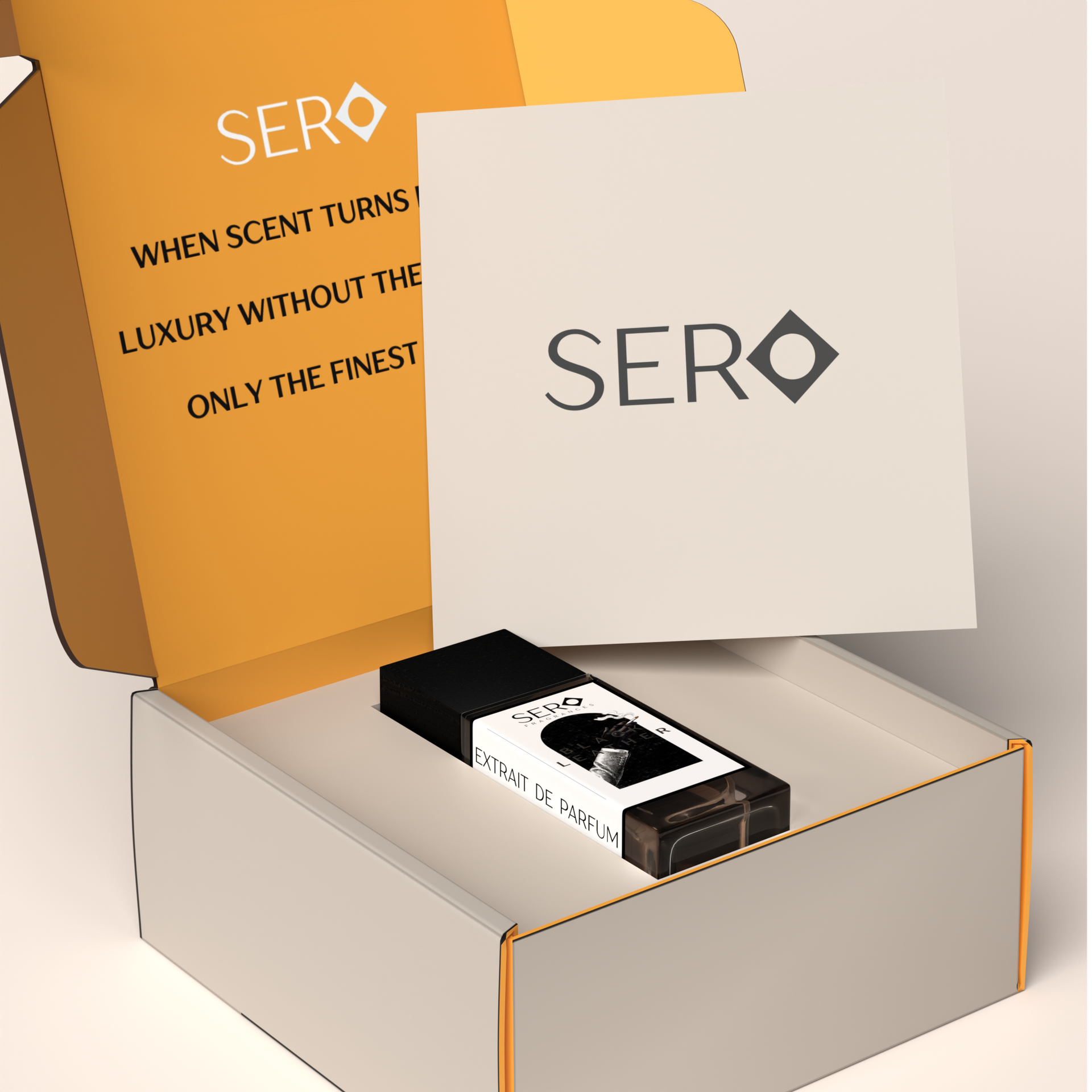 corner view of a packaging within it a minimalist clear glass perfume bottle with black wood cap containing SERO fragrance inspired by TOM FORD's Ombré Leather. 