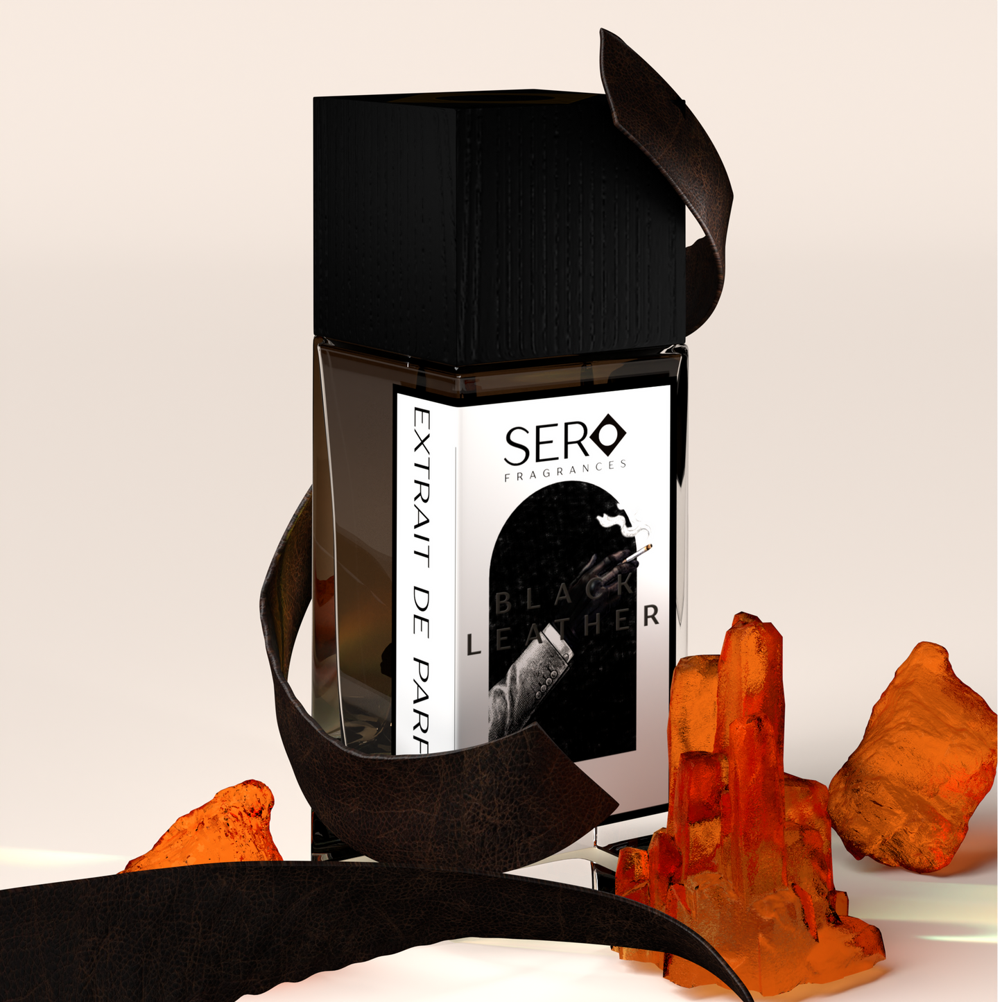 corner view of a minimalist clear glass perfume bottle with black wood cap containing SERO fragrance inspired by TOM FORD's Ombré Leather. 