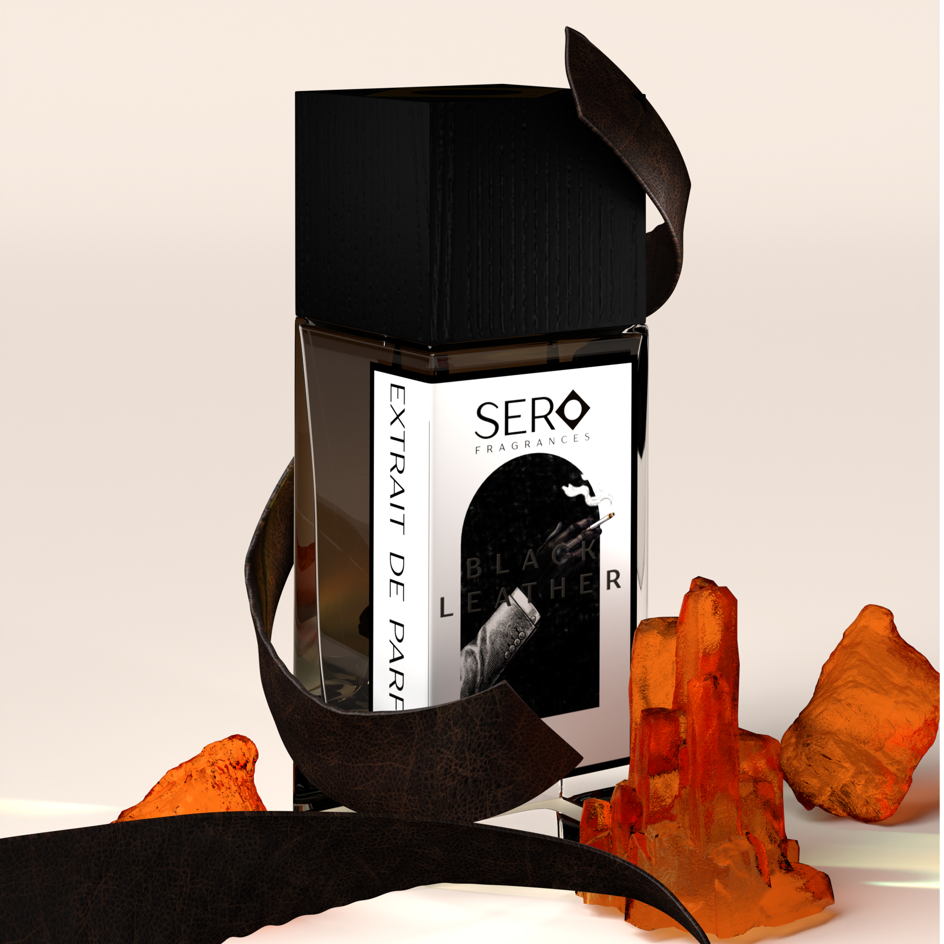 corner view of a minimalist clear glass perfume bottle with black wood cap containing SERO fragrance inspired by TOM FORD's Ombré Leather. 