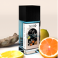 Corner view of a minimalist clear glass perfume bottle with black wood cap containing SERO fragrance inspired by LV AFTERNOON SWIM. 