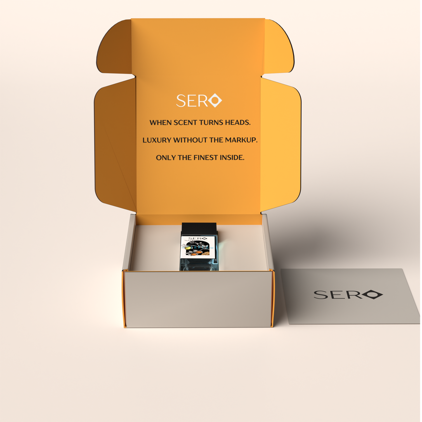 Front view of a packaging within it a minimalist clear glass perfume bottle with black wood cap containing SERO fragrance inspired by LV AFTERNOON SWIM. 