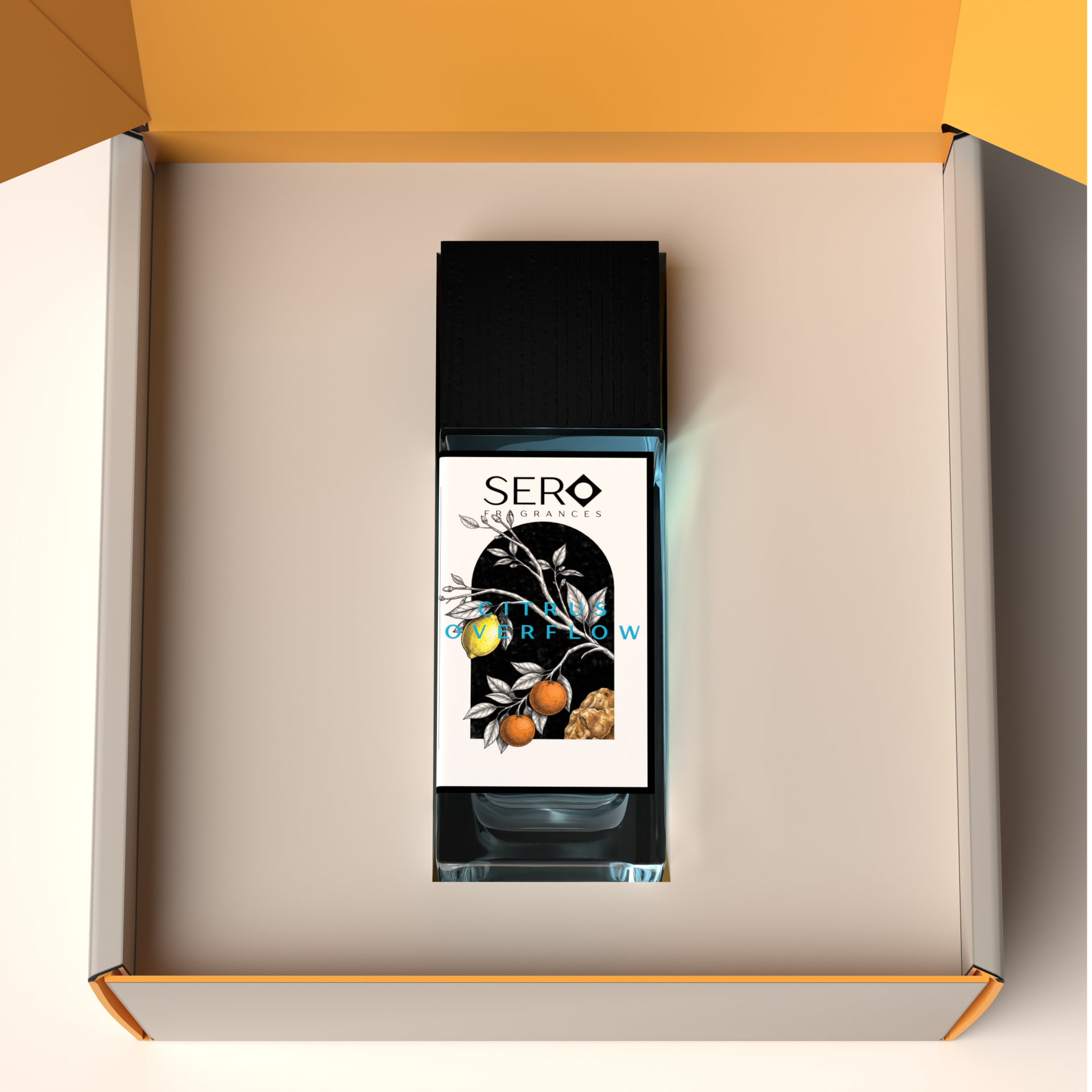 Top view of a packaging within it a minimalist clear glass perfume bottle with black wood cap containing SERO fragrance inspired by LV AFTERNOON SWIM. 