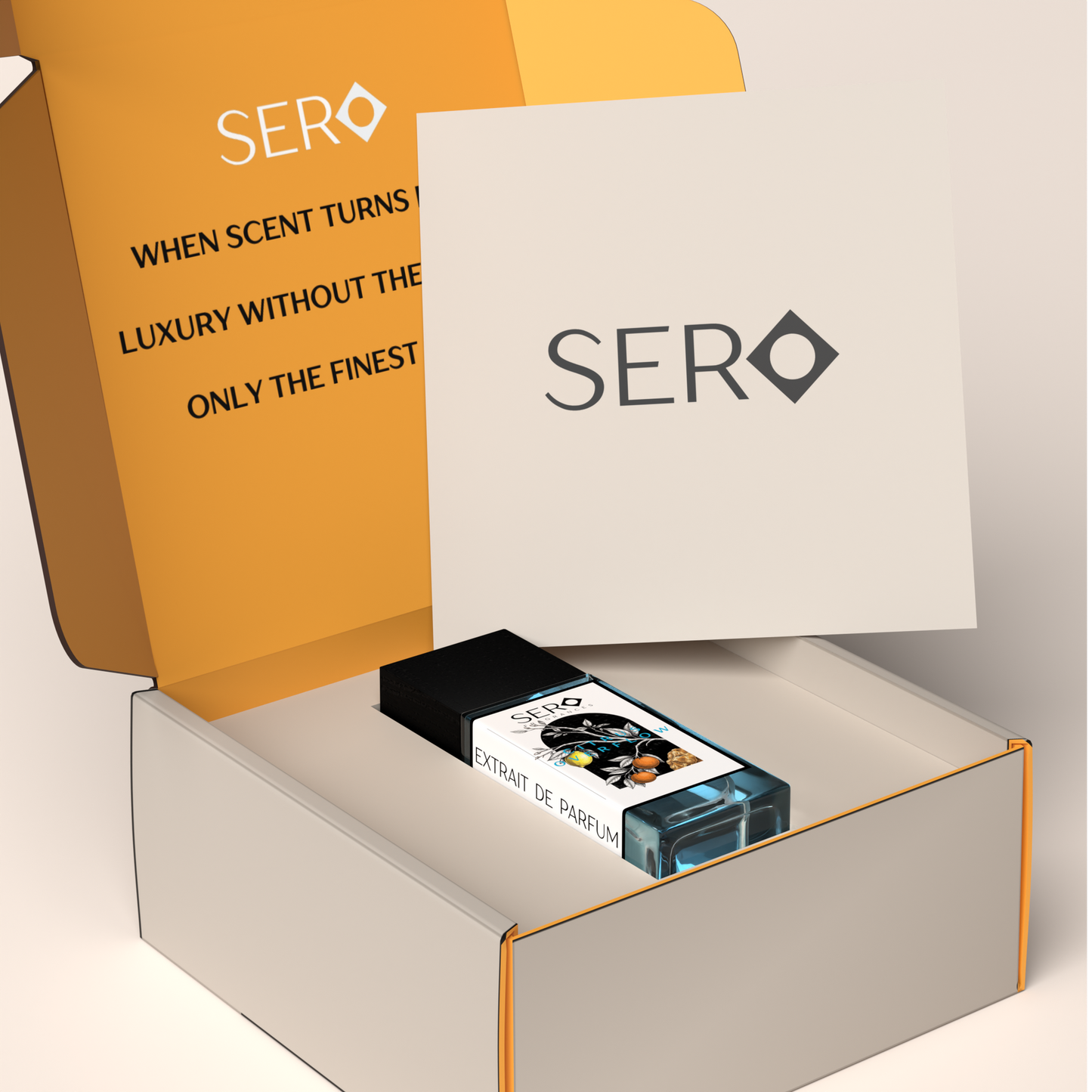 Corner view of a packaging within it a minimalist clear glass perfume bottle with black wood cap containing SERO fragrance inspired by LV AFTERNOON SWIM. 