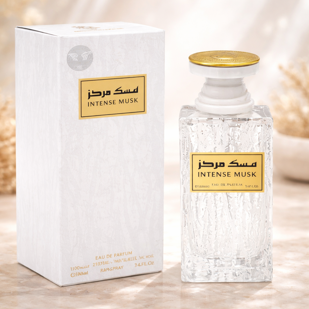 Arabiyat Intense Musk 100ml EDP elegant white bottle - Long lasting clean white musk perfume for women