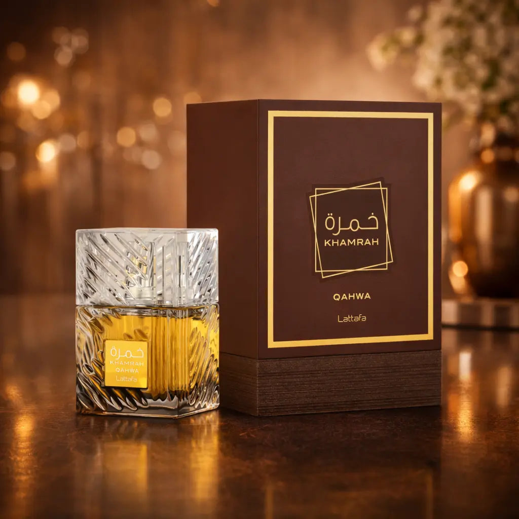  Warm evening setting with Lattafa Khamrah Qahwa coffee-inspired perfume