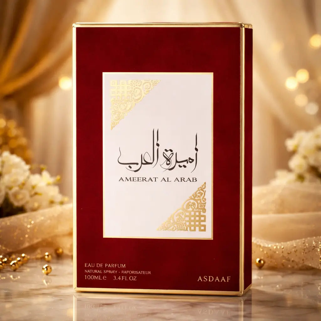 Elegant Lattafa Ameerat Al Arab bottle on a vanity - Best perfume for date night and gifting in Canada