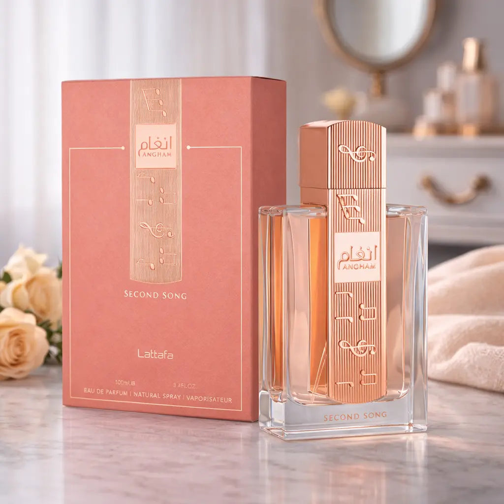 Modern woman applying Lattafa Angham Second Song perfume for a date night