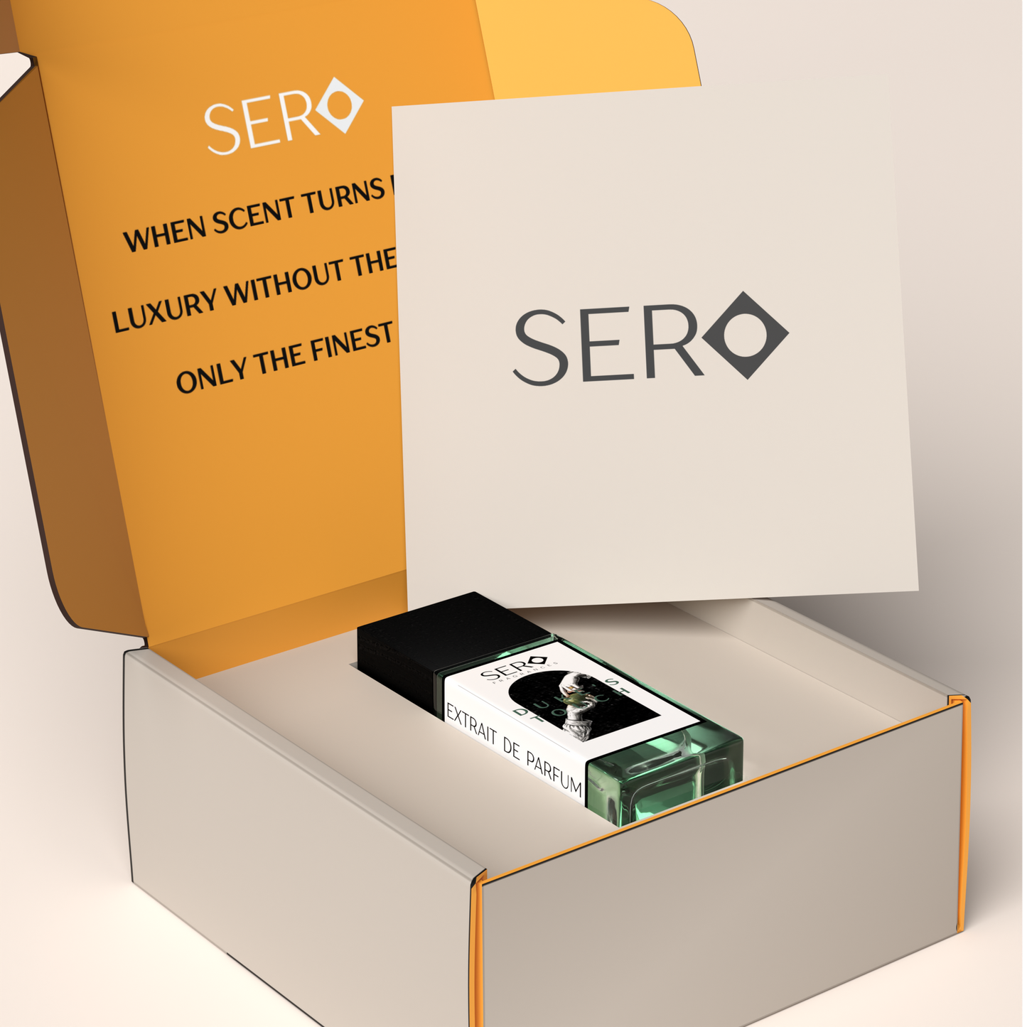 Corner view of a packaging within it a minimalist clear glass perfume bottle with black wood cap containing SERO fragrance inspired by Parfums de Marly's Layton. 