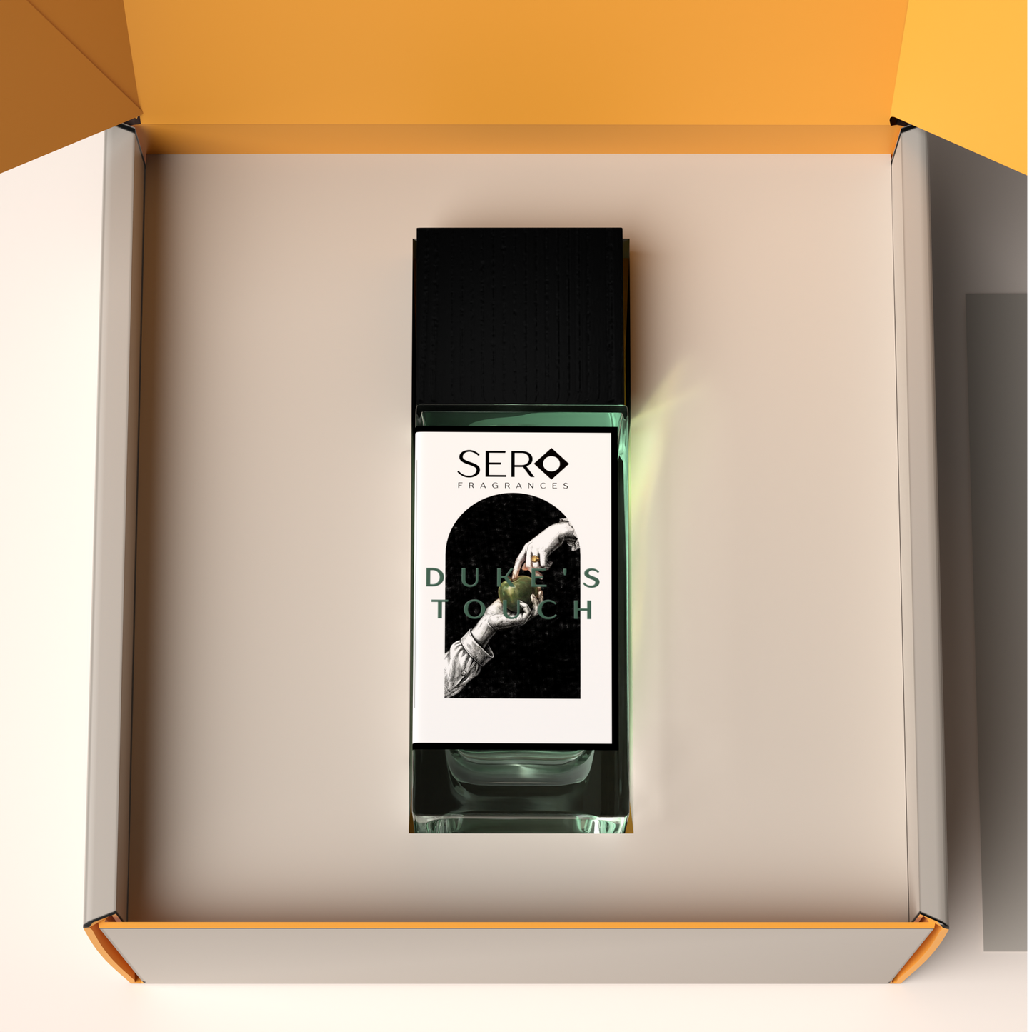 Top view of a packaging within it a minimalist clear glass perfume bottle with black wood cap containing SERO fragrance inspired by Parfums de Marly's Layton. 
