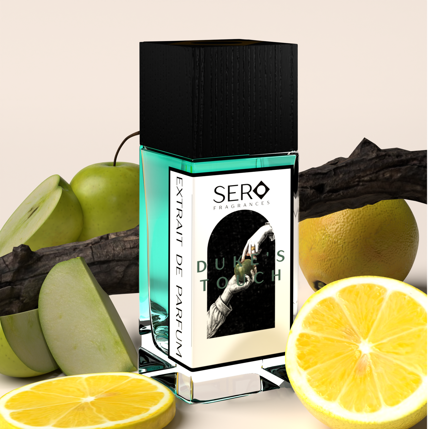 Corner view of a minimalist clear glass perfume bottle with black wood cap containing SERO fragrance inspired by Parfums de Marly's Layton. 
