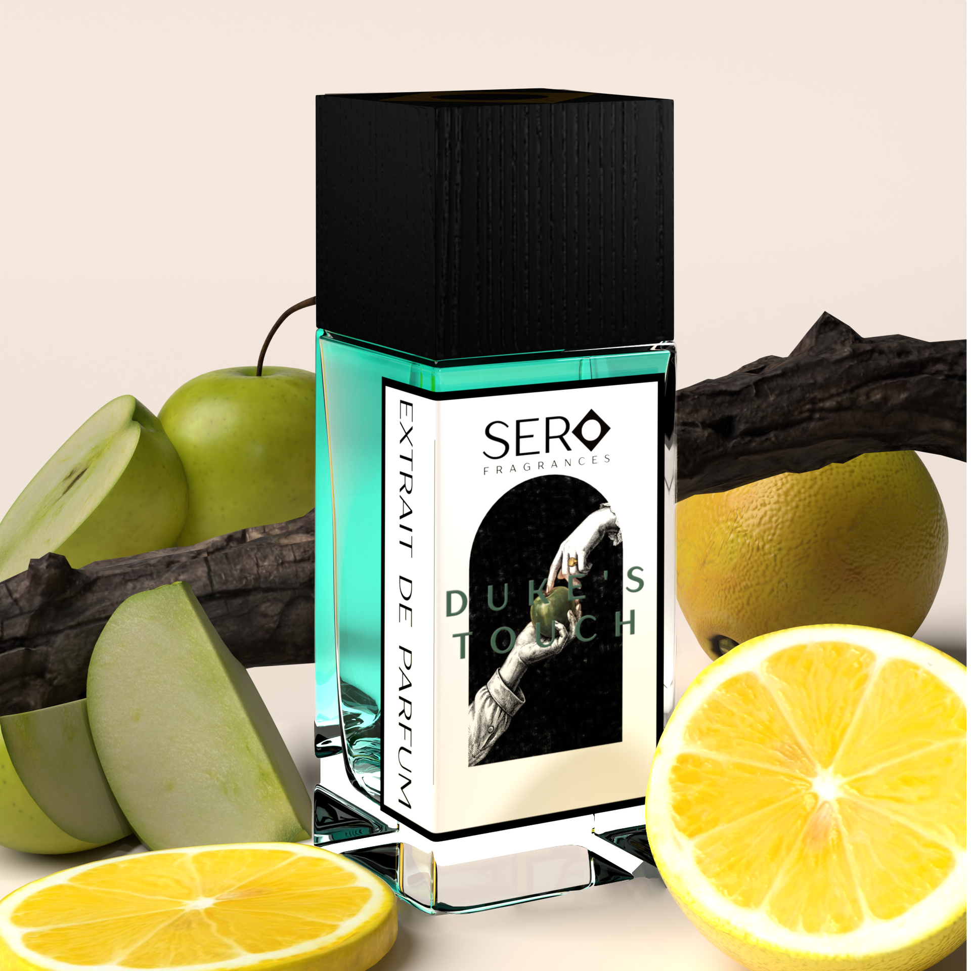 Corner view of a minimalist clear glass perfume bottle with black wood cap containing SERO fragrance inspired by Parfums de Marly's Layton. 

