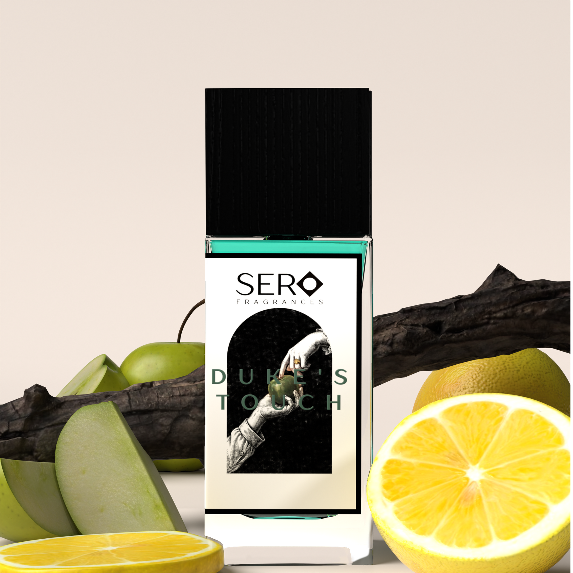 Front view of a minimalist clear glass perfume bottle with black wood cap containing SERO fragrance inspired by Parfums de Marly's Layton. 