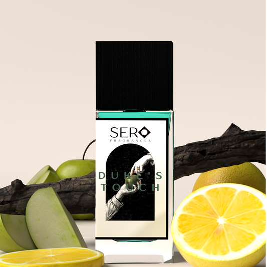 Front view of a minimalist clear glass perfume bottle with black wood cap containing SERO fragrance inspired by Parfums de Marly's Layton. 