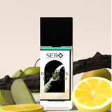 Front view of a minimalist clear glass perfume bottle with black wood cap containing SERO fragrance inspired by Parfums de Marly's Layton. 