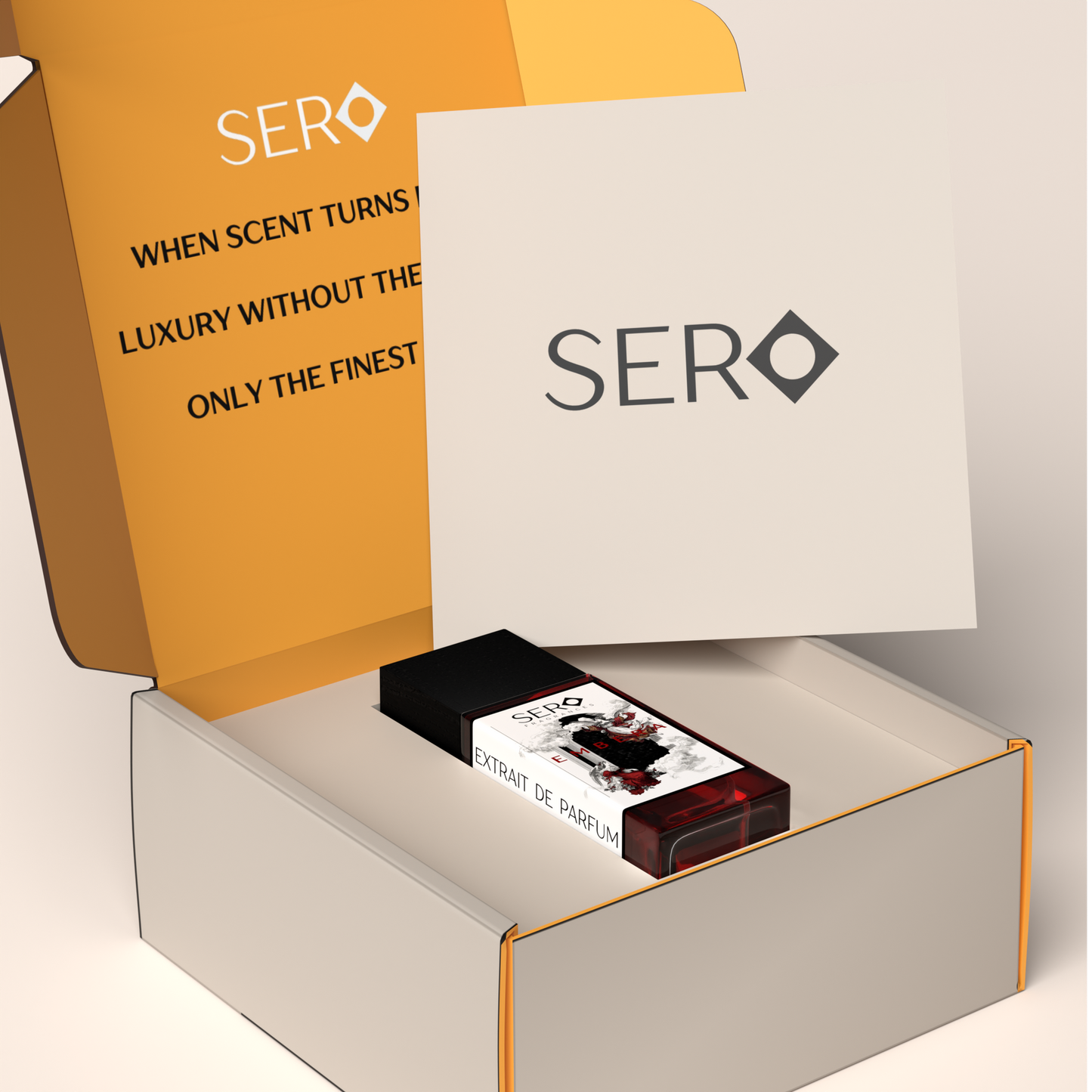 Corner view of a packaging within it a minimalist clear glass perfume bottle with black wood cap containing SERO fragrance inspired by Baccarat Rouge. 