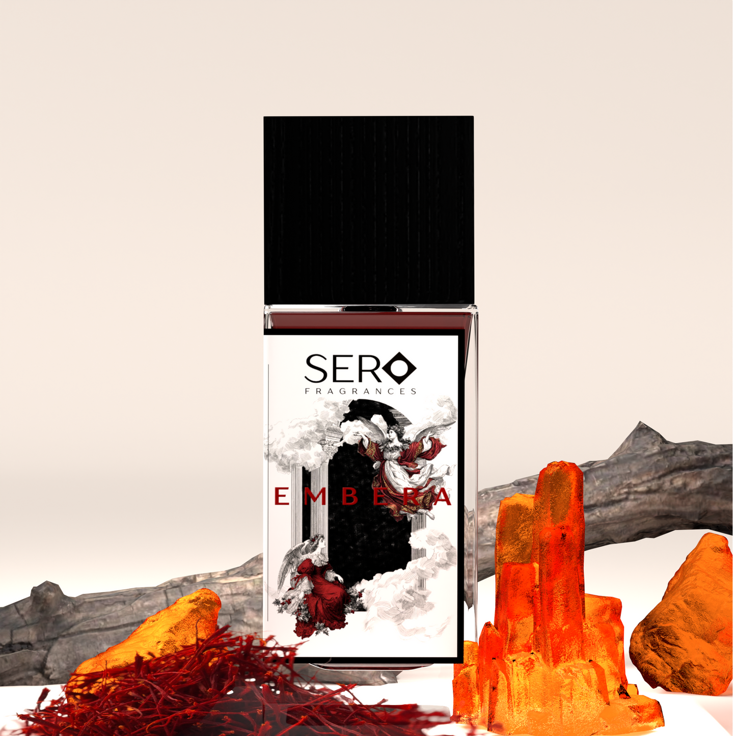 Front view of a minimalist clear glass perfume bottle with black wood cap containing SERO fragrance inspired by Baccarat Rouge. 

