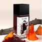 Corner view of a minimalist clear glass perfume bottle with black wood cap containing SERO fragrance inspired by Baccarat Rouge. 