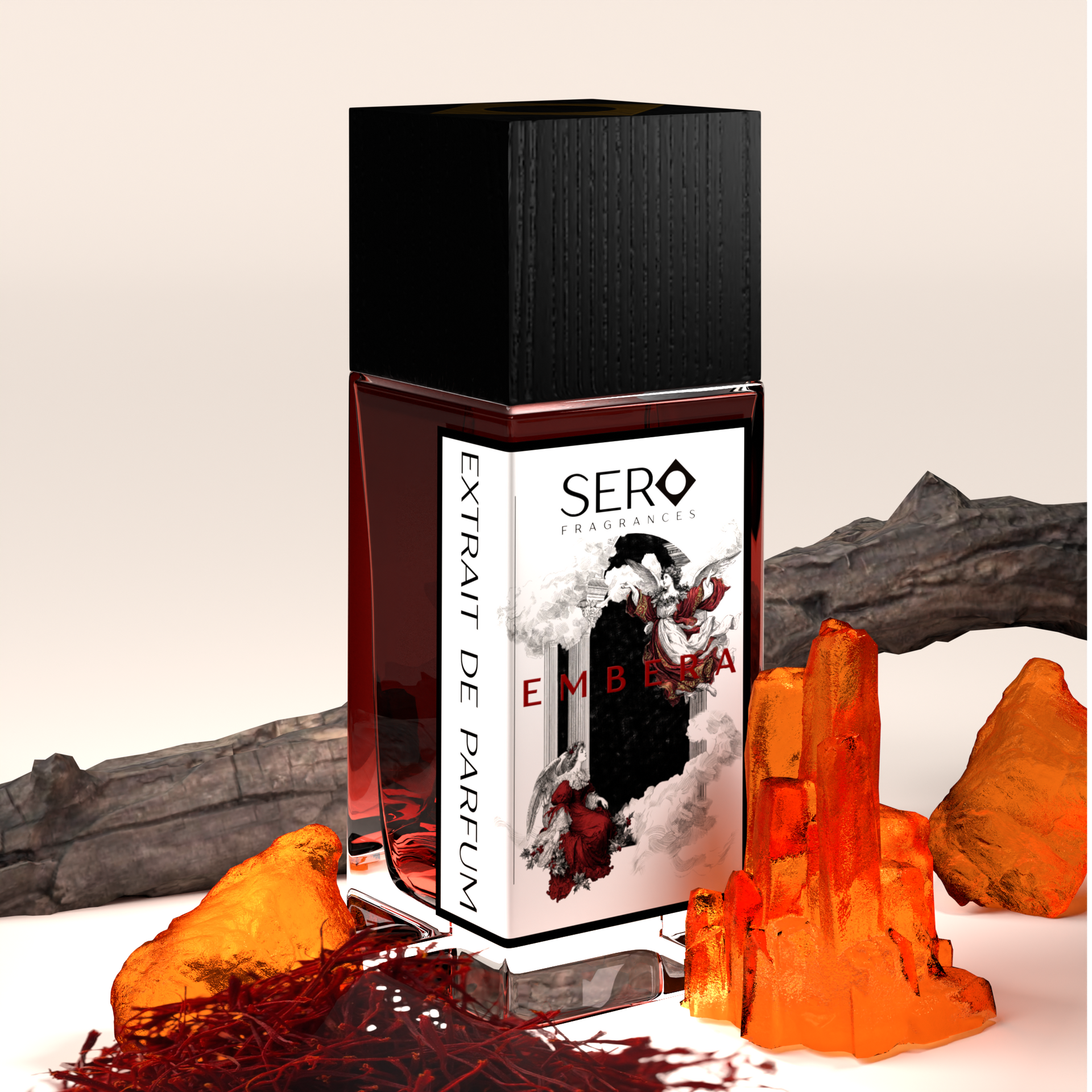 Corner view of a minimalist clear glass perfume bottle with black wood cap containing SERO fragrance inspired by Baccarat Rouge. 