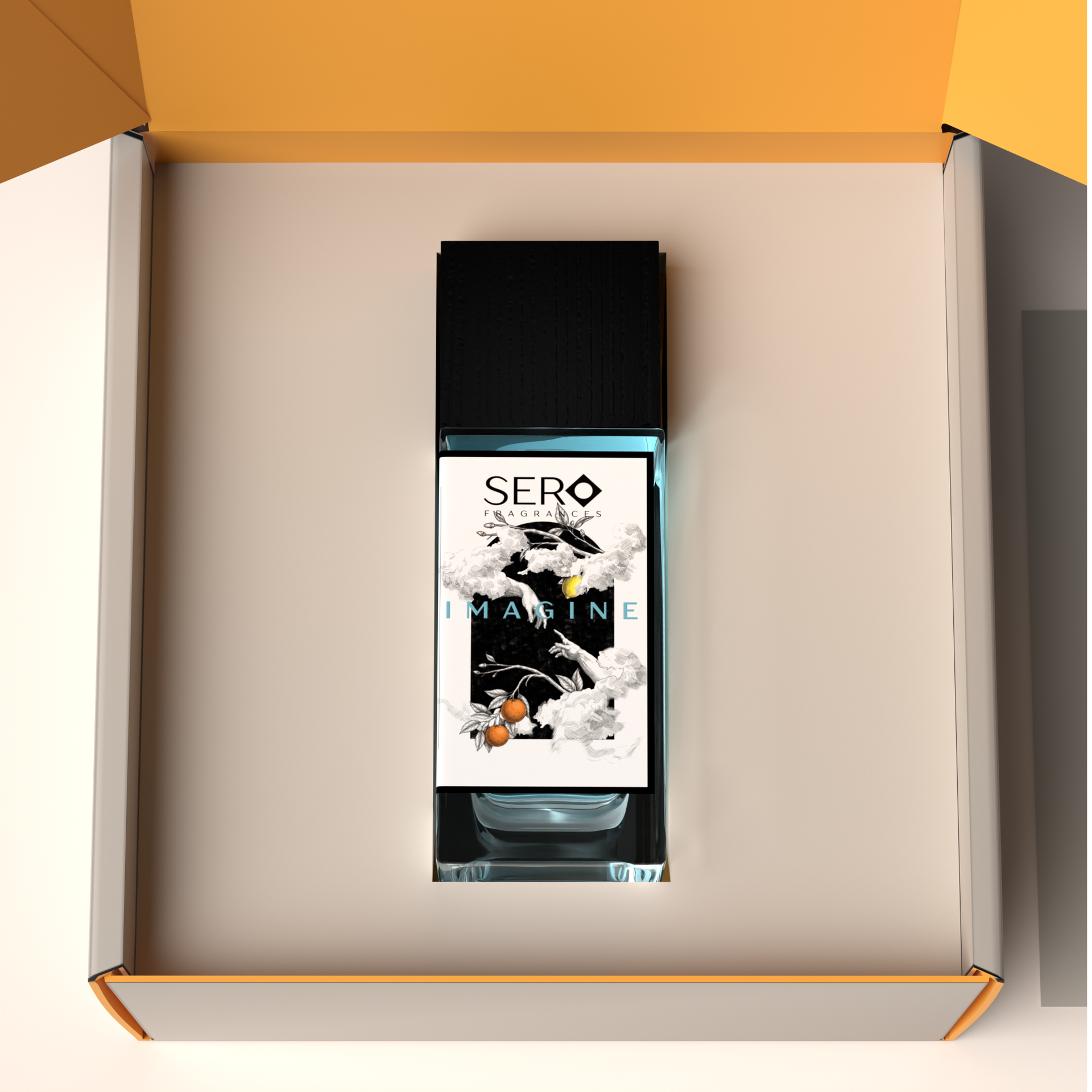 Top view of a packaging within it a minimalist clear glass perfume bottle with black wood cap containing SERO fragrance inspired by LV Imagination. 
