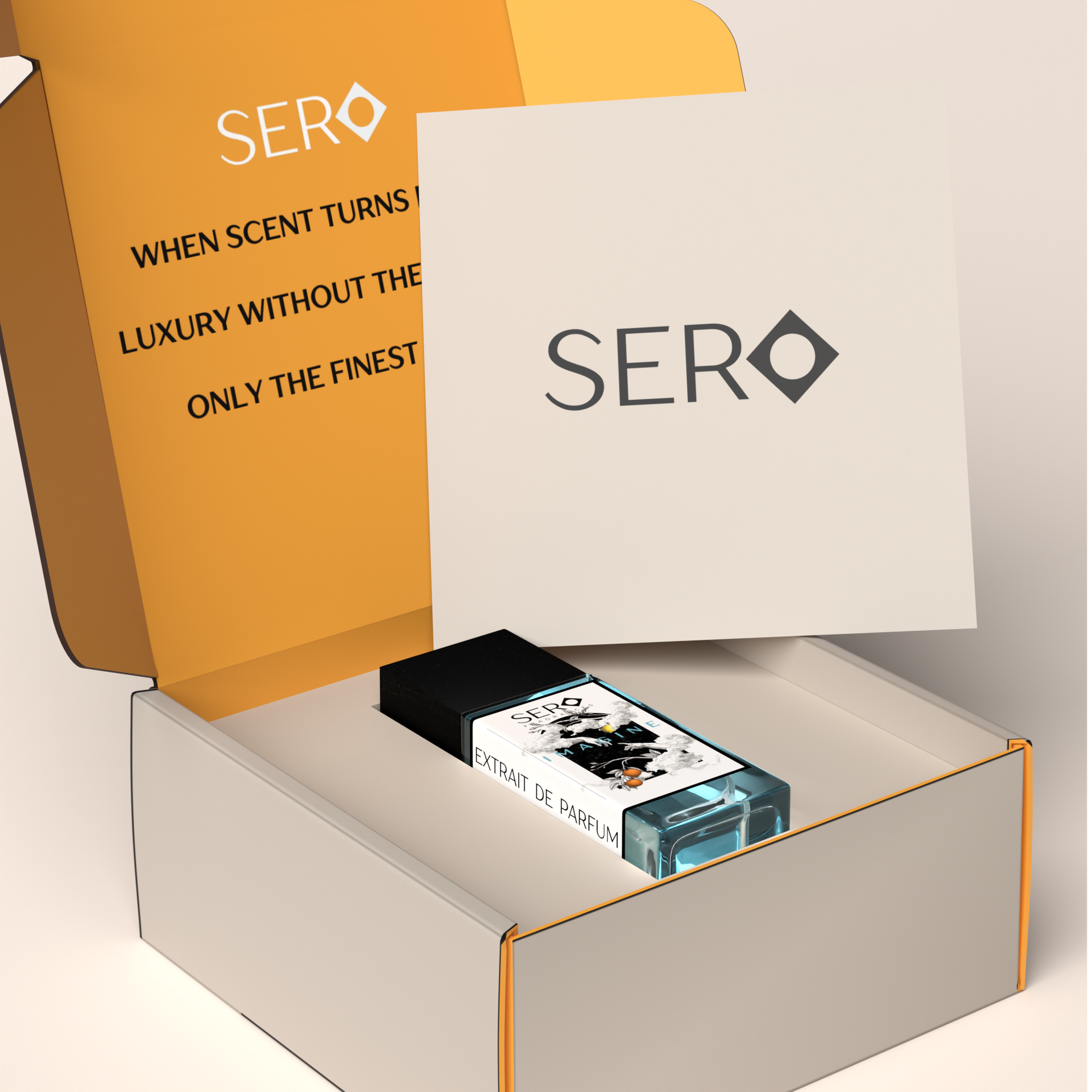 Corner view of a packaging within it a minimalist clear glass perfume bottle with black wood cap containing SERO fragrance inspired by LV Imagination.