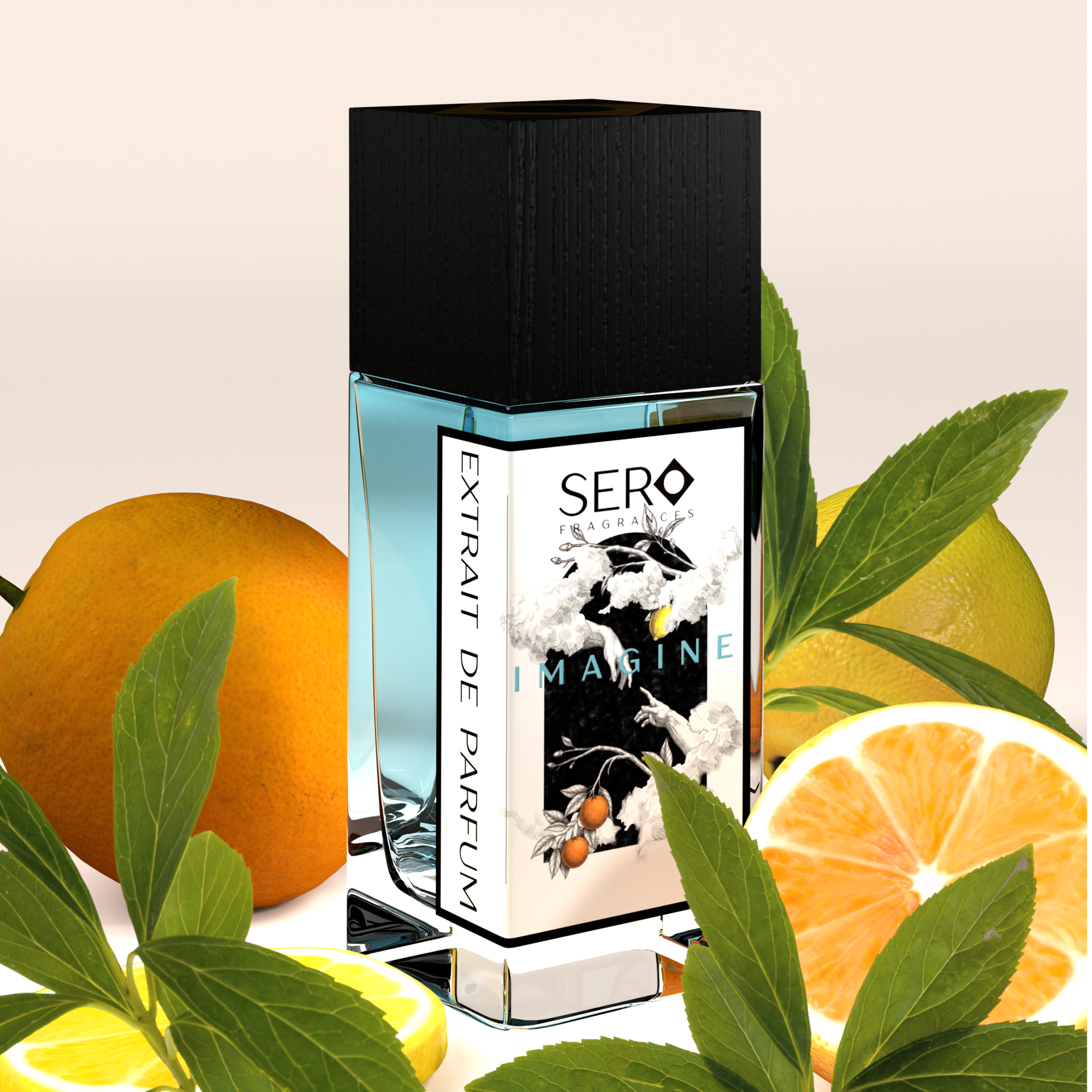 Corner view of a minimalist clear glass perfume bottle with black wood cap containing SERO fragrance inspired by LV Imagination. 