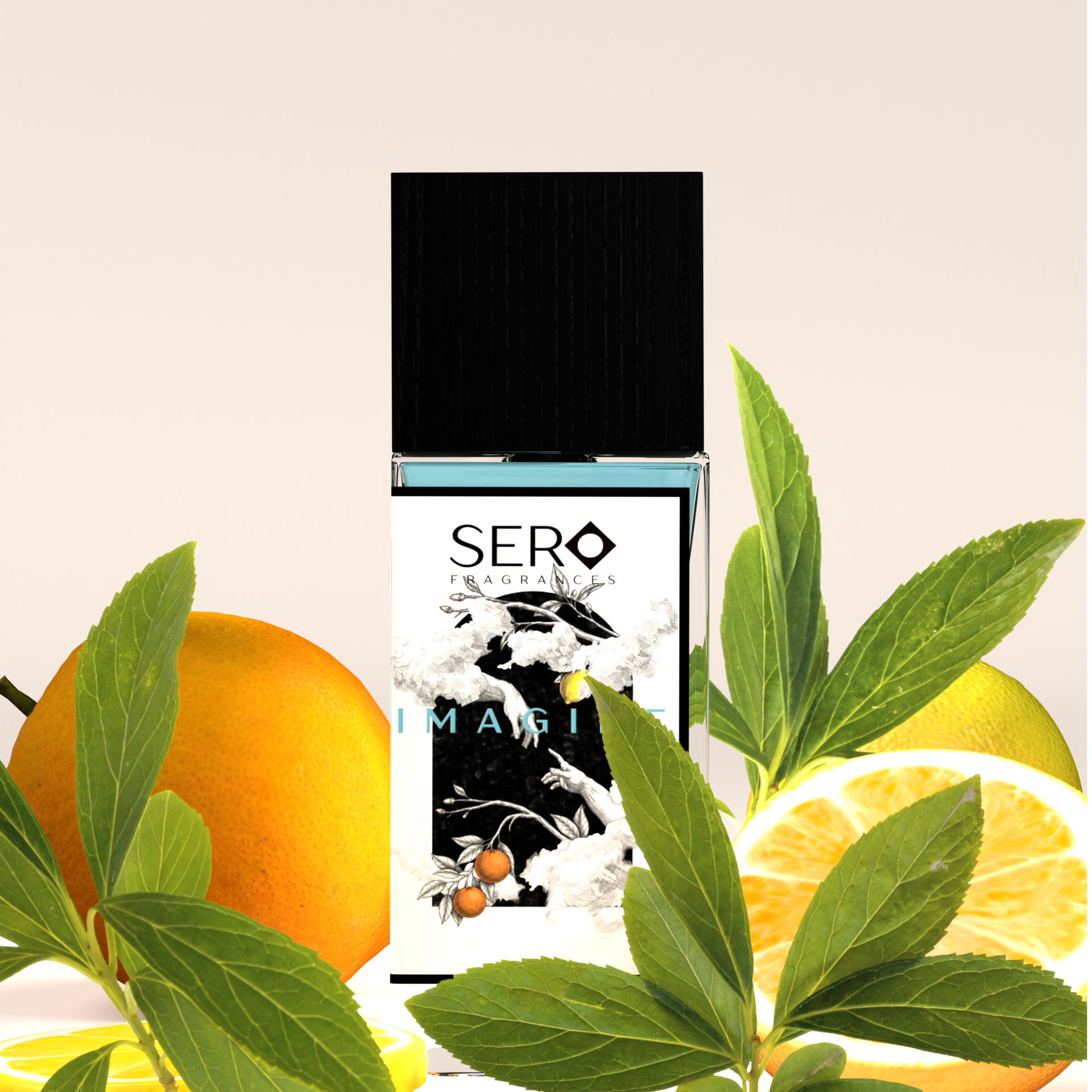 Front view of a minimalist clear glass perfume bottle with black wood cap containing SERO fragrance inspired by LV Imagination. 

