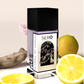 Corner view of a minimalist clear glass perfume bottle with black wood cap containing SERO fragrance inspired by LV Symphonie. 