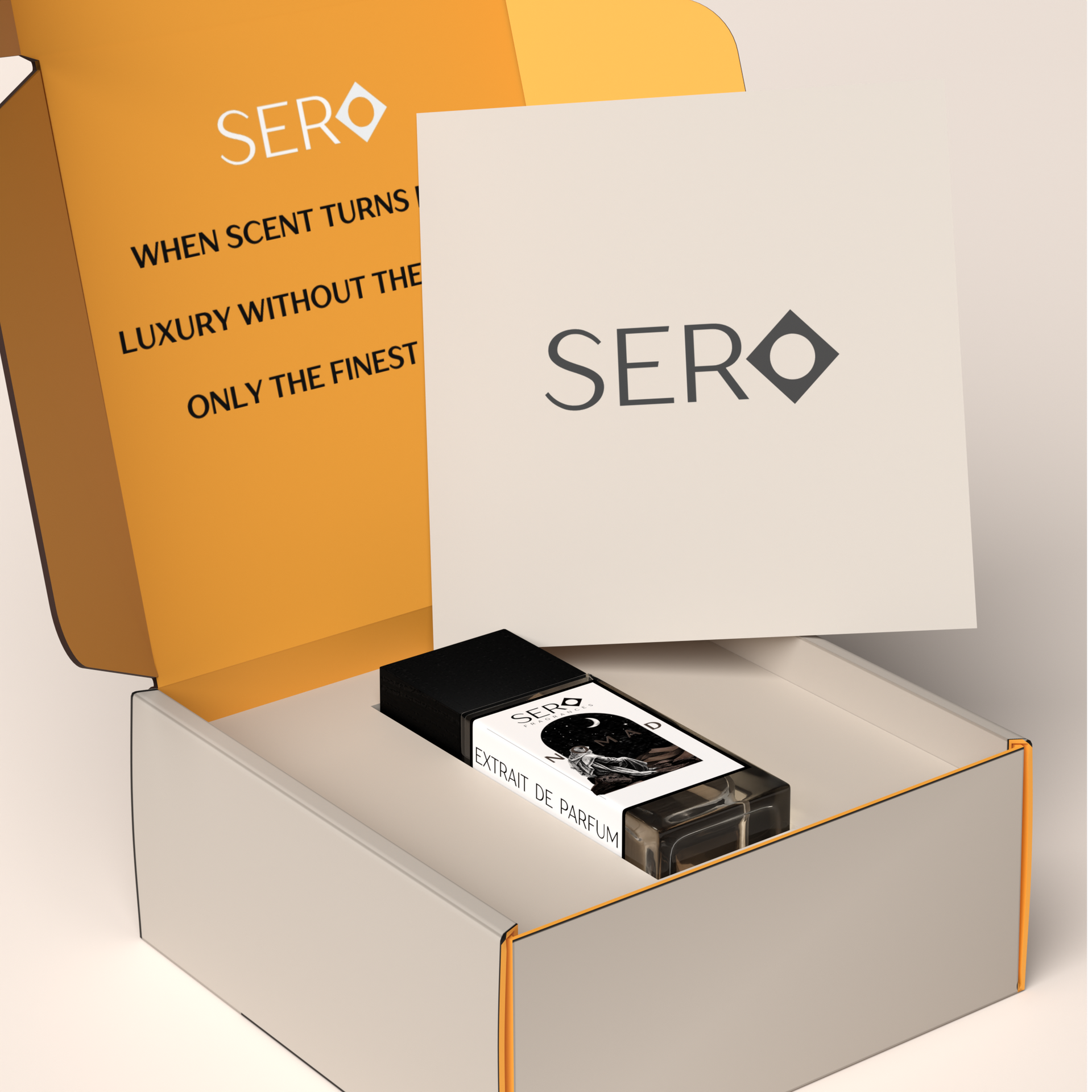 corner view of a packaging within it a minimalist clear glass perfume bottle with black wood cap containing SERO fragrance inspired by LV Ombre Nomad. 