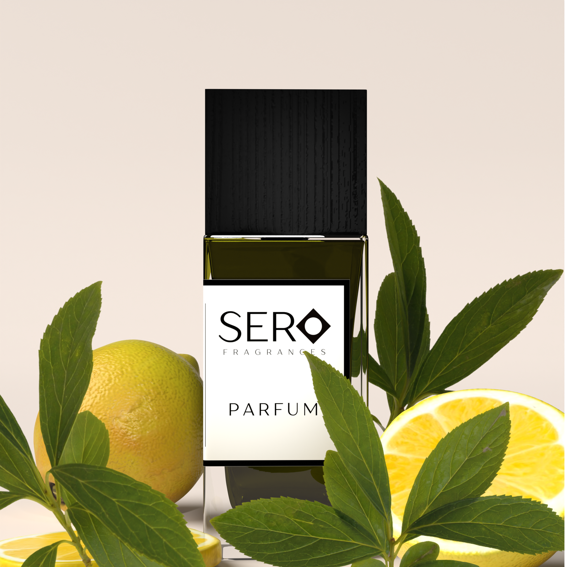 Sero Parfum with black bottle with lemons and green leaves on a light background
